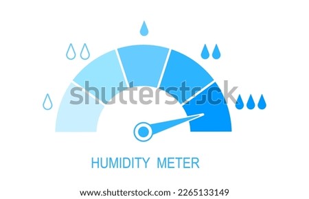 Humidity meter. Measuring dashboard with arrow and water drops with different levels of liquid. Hygrometer visualization. Climate control tool isolated on white background. Vector flat illustration