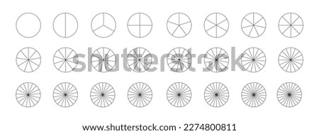 Donut or pie chart templates. Circle divides on equal parts from 2 to 24. Set of graphic wheel diagrams with sectors isolated on white background. Vector outline illustration