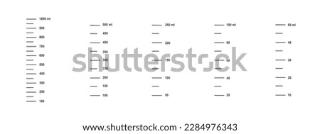 Set of scales with 1 liter, 500, 250, 100 and 50 ml liquid volume for measuring cups to preparing cooking or chemical flasks isolated on white background. Vector outline illustration