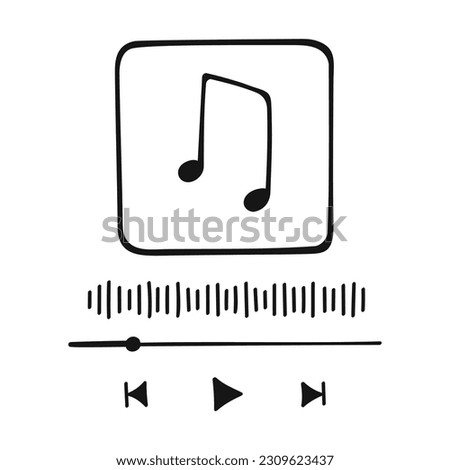 Music player interface in doodle style with buttoms, loading bar, sound wave sign and frame for album photo. Hand drawn audio player template. Vector graphic illustration.