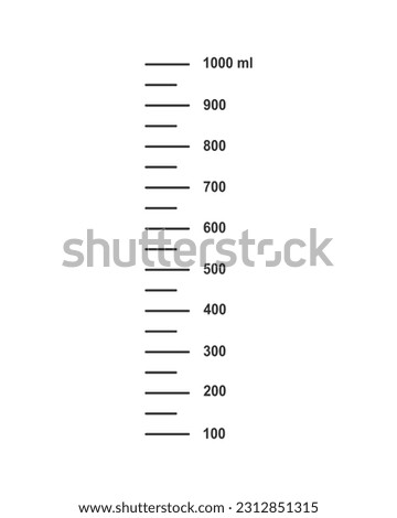 Scale with 1 liter or 1000 ml liquid volume for cooking measuring cups or chemistry flasks isolated on white background. Vector graphic illustration.