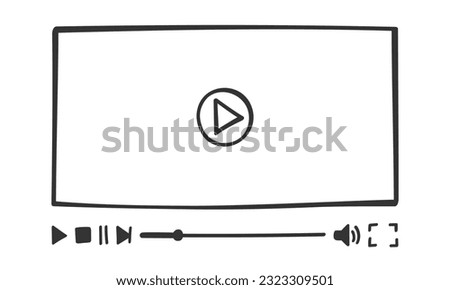Video player template in doodle style. Hand drawn online movie monitor screen with buttons and loading slider bar. Multimedia app window in simple design. Vector graphic illustration