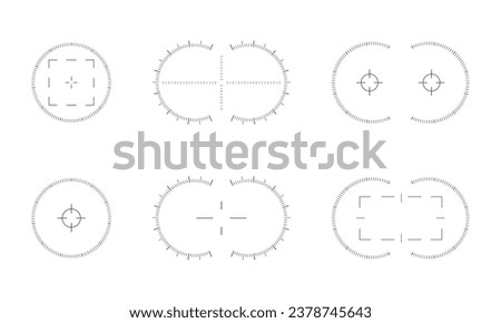 Set of viewfinder scales of binocular, monocular, telescope, periscope. Graphic distance charts isolated on white background. Digital screen point of view graphic design. Vector illustration