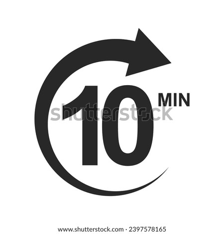 Ten minutes icon with circle arrow. Stopwatch symbol. 10 min countdawn sign. Sport or cooking timer isolated on white background. Delivery, deadline, duration pictogram. Vector graphic illustration