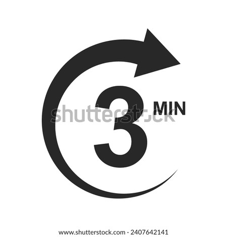 3 min icon with circle arrow. Stopwatch symbol. Three minutes countdown sign. Sport or cooking timer isolated on white background. Delivery, deadline, duration pictogram. Vector graphic illustration