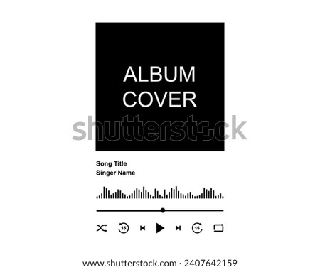Design of music player interface with album cover frame, buttons, loading bar and sound wave. Playback menu template isolated on white background. Vector graphic illustration