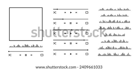 Music player interface creator with album cover frame, buttons, loading bar and sound wave. Elements for audio player app template constructor isolated on white background. Vector graphic illustration