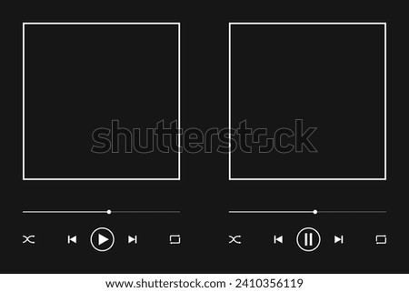 Music player interface template with album cover frame, slider progress bar, play, pause, repeat, rewind, shuffle and fast forward buttons isolated on black background. Vector graphic illustration