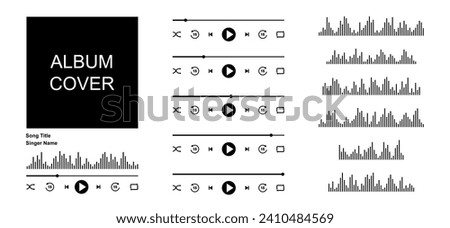 Music mp3 player interface with album cover frame, buttons, progress bar and equalizer. Simple song track template creator with elements. Audio playback design on mobile app. Vector flat illustration