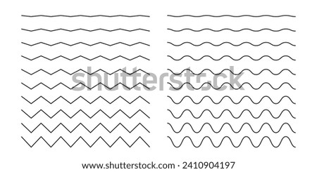 Wave and zigzag horizontal lines. Simple curvy and jagged decorative borders isolated on white background. Water, sea, ocean, river, air, wind signs. Corrugated outline textures. Vector illustration