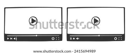 Video player interfaces in doodle style. Hand drawn online film screens with progress slider bar and buttons. Multimedia app window templates for movie playing. Vector graphic illustration