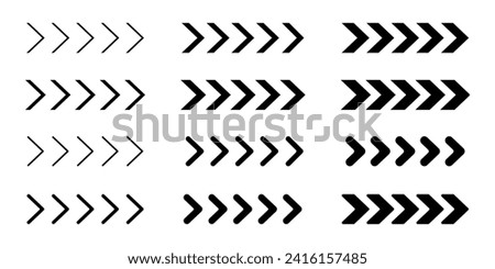 Set of black chevron arrows of different thickness. Ornament with repeated V shaped stripes. Pointer, road caution, military, navigation signs isolated on white background. Vector flat illustration