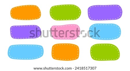 Hand drawn rectangle shapes with dashed stitches. Cute organic rectangular forms. Empty colorful tags, text boxes, stickers, labels, messages, speech bubbles templates. Vector flat illustration