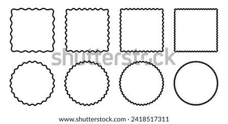 Set of circle and square frames with wavy and zigzag edges. Rectangular and round shapes with curvy and jagged borders isolated on white background. Vector graphic illustration