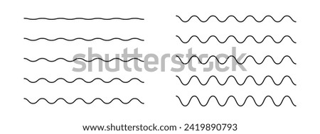 Set of horizontal wavy lines. Simple undulate borders. Sine, water, fluid, air or wind symbols isolated on white background. River, sea, lake or ocean signs. Vector outline illustration.