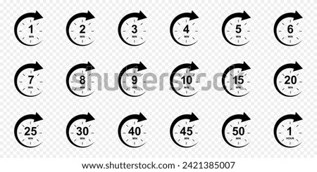 Set of minutes icons with circle arrows. Stopwatch symbols. 1, 2, 3, 4, 5, 6, 7, 8, 9, 10, 15, 20, 25, 30, 40, 45, 50 min and 1 hour sport or cooking timer signs. Vector graphic illustration