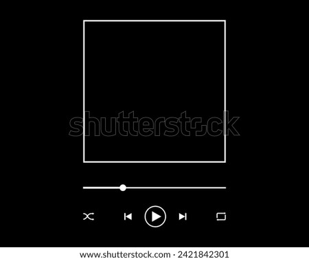 Audio player interface template with album cover frame, slider progress bar, play, pause, repeat, rewind, shuffle and fast forward buttons isolated on black background. Vector graphic illustration