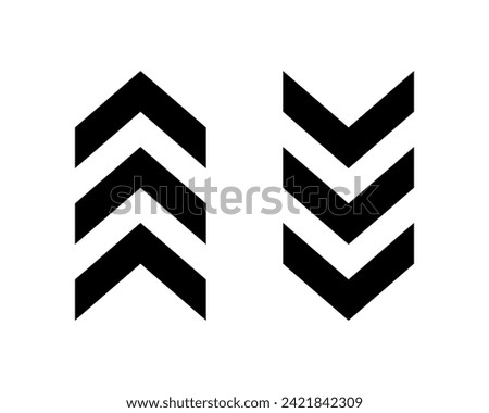 Black up and down chevron arrows. Ornament with repeated V shaped stripes. Road caution, military, navigation signs isolated on white background. Vector flat illustration.