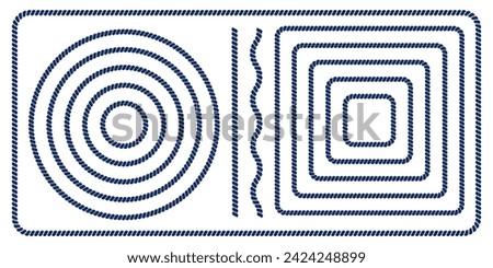 Set of round and square rope frames, straight and wavy cord borders isolated on white background. Thread, twine, jute, cable elements. Maritime, yacht, sea, ocean ornaments. Vector flat illustration