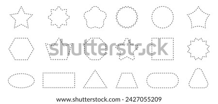Set of geometric shapes with dashed lines. Dotted circle, square, rectangle, oval, star, crown and triangle figures isolated on white background. Cut here pictograms. Vector outline illustration.