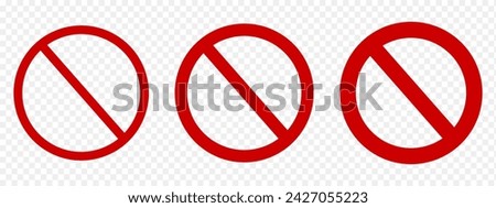 Set of red forbidden signs. No entry icons. Warning pictograms. Stop and parking prohibited symbols. Graphic alert communication elements isolated on transparent background. Vector flat illustration