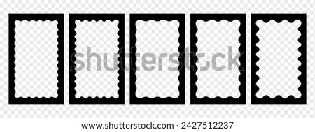 Set of rectangle photo or picture frames with wavy inner borders. Retro vignettes collection. Text box frameworks. Decoration design elements isolated on white background. Vector flat illustration.