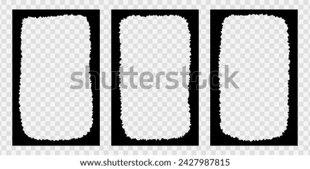 Set of jagged rectangle frames for collage, photo, picture. Paper borders with ragged inner edges. Decorative vignettes in vintage style isolated on transparent background. Vector graphic illustration