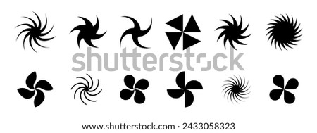 Round swirl, spin, spiral icons. Fan, propeller, pinwheel toy, windmill signs. Flow, vortex, vertigo or tornado symbols isolated on white background. Vector graphic illustration.