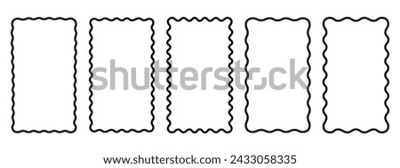 Set of rectangle frames with wavy edges. Rectangular shapes with wiggly borders. Picture or photo frames, empty text boxes, tags, labels isolated on white background. Vector graphic illustration.