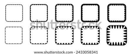 Set of square frames with wiggly inner borders. Tags, labels, stickers, text boxes templates with wavy inner edges. Decoration design elements isolated on white background. Vector graphic illustration