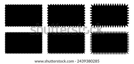 Set or rectangle shapes with wiggly borders. Empty tag, price sticker, stamp, sale coupon, promo code label templates with wavy edges isolated on white background. Vector flat illustration.