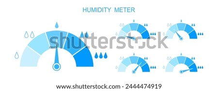 Set of humidity meters. Measuring dashboards with arrows and water drops with different levels of liquid. Hygrometer climate control tools isolated on white background. Vector flat illustration.