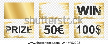 Gold scratch card surfaces with new and scraped textures with Win, Prize and money winning text. Set of of winner lotteries, sale coupons, jackpot scratchcards templates. Vector realistic illustration