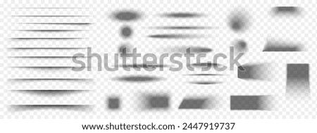 Set of paper or packing box shadow effects. Different realistic soft grey shapes. Divider lines, square and rectangle, round and oval shades isolated on transparent background. Vector illustration.