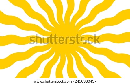 Yellow sun with wavy rays background. Poster with sunburst, sunrise or sunset in trendy 60 s 70s 80s groovy style. Preppy summer theme background. Modern psychedelic print. Vector flat illustration.