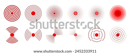 Pain localization icons. Red concentric circles. Sore or inflammation symbols. Pulse or headache signs. Shockwave, radar or sound signal pictograms isolated on white background. Vector illustration.