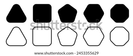 Set of geometric figures with rounded corners. Triangle, square or squircle, pentagon, hexagon and octagon shapes isolated on white background. Vector graphic illustration.