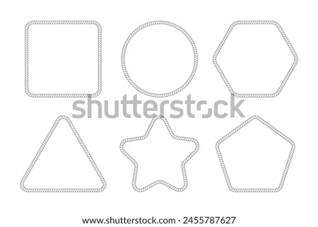 Set of rope or cord frames. Square, circle and triangle, hexagon, pentagon and star shapes with thread or cable texture isolated on white background. Vector flat illustration.