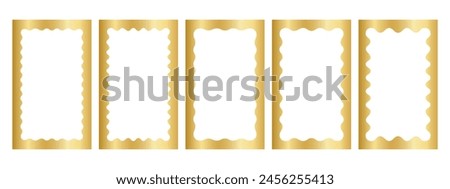 Set of gold rectangle frames with wavy inner borders. Mirror, photo or picture frameworks in luxury style. Golden rectangular boxes, tags or labels isolated on white background. Vector illustration.