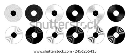 Set of vinyl disc icons. Turntable LP record disks isolated on white background. DJ equipment. 70s 80s 90s discotheque nostalgia symbols. Techno music pictograms. Vector graphic illustration.