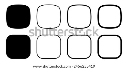 Set of squircles and squares with rounded borders and corners. Simple geometric shapes and frames isolated on white background. Design elements with empty space. Vector graphic illustration.