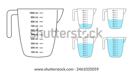 Set of empty and water filled measuring cups with 1 liter volume. Liquid containers for cooking or chemical experiment with fluid capacity scale isolated on white background. Vector flat illustration.