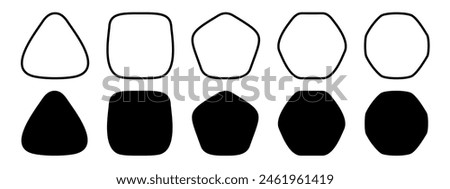 Set of doodle black geometric figures with rounded corners. Triangle, square or squircle, pentagon, hexagon and octagon shapes isolated on white background. Vector graphic illustration.