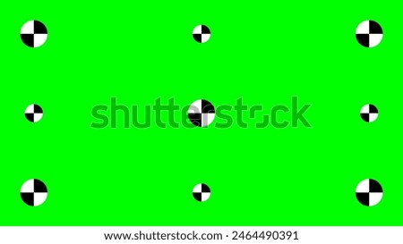 Green screen template with tracking marks. Chromakey technique. Studio background. Video technology to add VFX visual effects during movie post-production phase. Vector flat illustration.