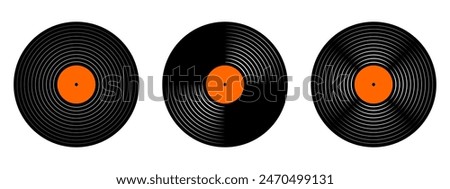 Set of vinyl records. LP or long play music plates for gramophone isolated on white background. DJ discs for techno party. 70s 80s 90s discotheque nostalgia concept. Vector flat illustration.