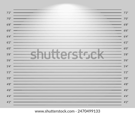 Line up mugshot background with lighting effect. Police height chart for photoshoot of wanted, arrested or suspected person identification. Crimanal profile template. Vector graphic illustration.