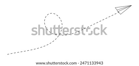 Paper origami plane with dashed path line and loop. Trip, vacation or travel concept. Online message or letter symbol. Delivery or destination, freedom or creativity sign. Vector outline illustration.