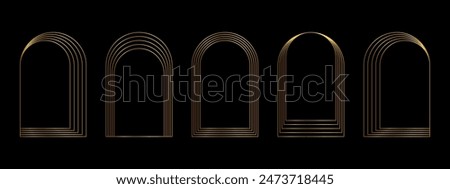 Set of gold concentric arch frames isolated on dark background. Golden arc shapes in trendy boho style. Shining window, door or portal silhouettes in archway form. Vector illustration.