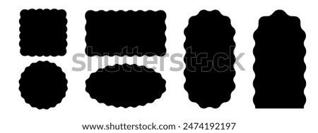 Set of square, circle and rectangle, arch and oval shapes with scallop borders. Curvy geometric forms. Blank text boxes, tags or labels isolated on white background. Vector graphic illustration.