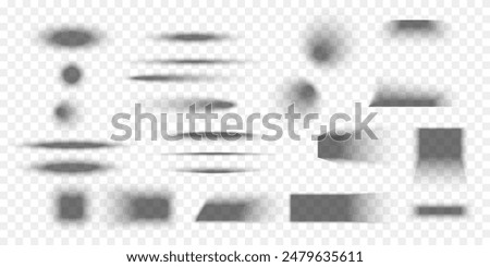 Set of packing box shadow effects. Different realistic soft grey shapes. Square and rectangle, round and oval package shades isolated on transparent background. Vector realistic illustration.